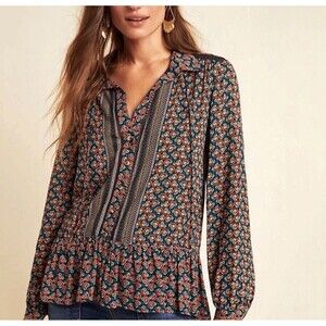 MAEVE Anthropologie Flounced Peasant Janie Blouse Top Shirt Floral Navy Button 6